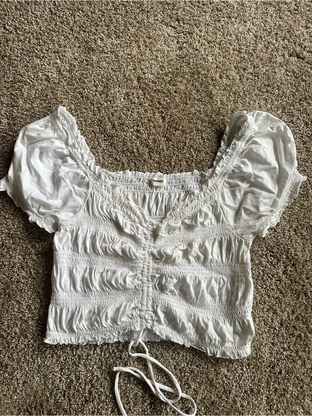 Garage White Smocked Puff Sleeve Crop Top